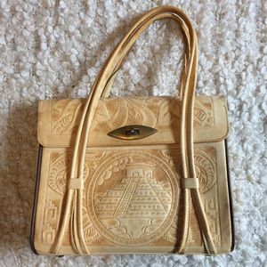 Vintage tooled leather handbag w Maya design as-is